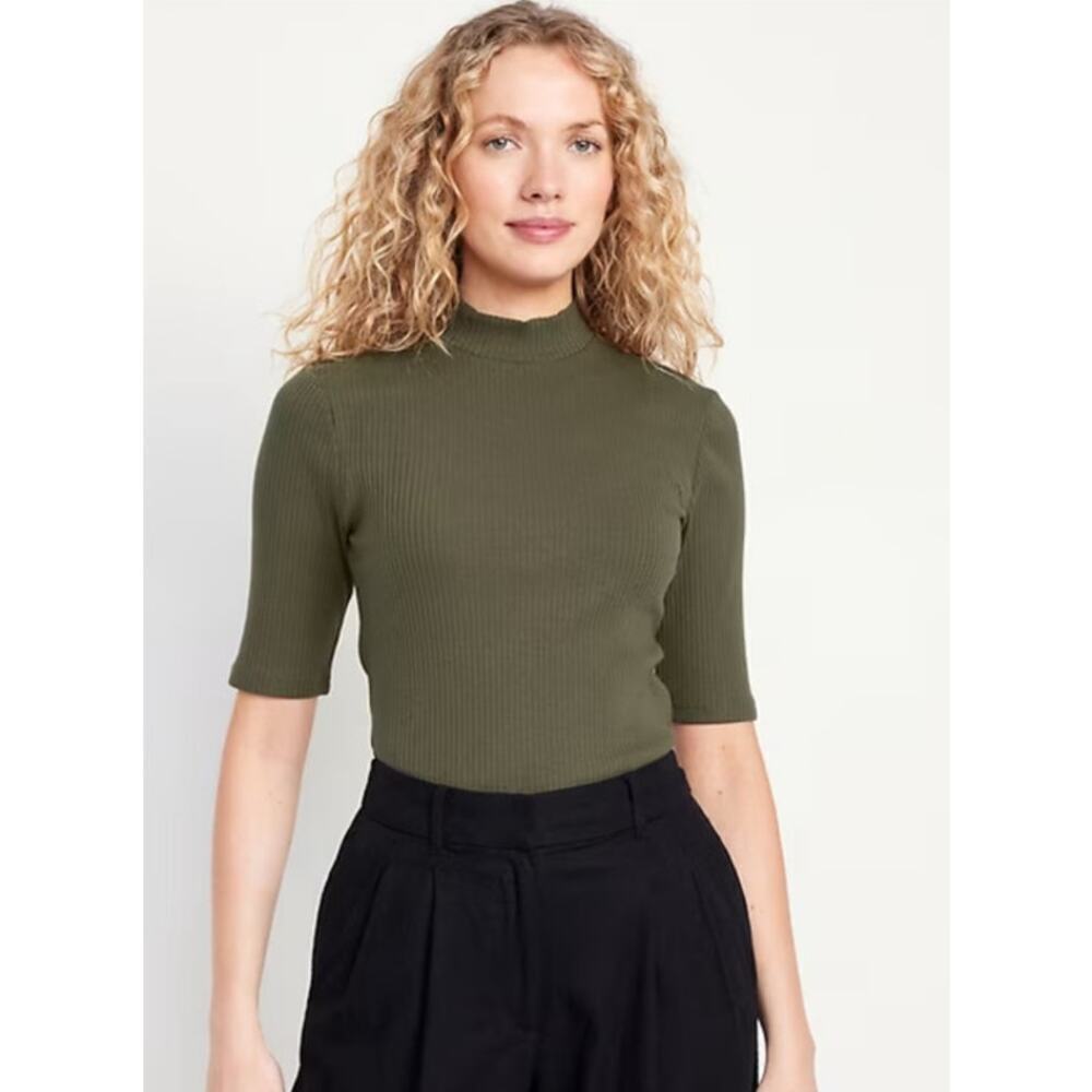 NWT Old Navy Ribbed Mock Neck Top 1/2 Sleeve Conifer Green Basic Size XS